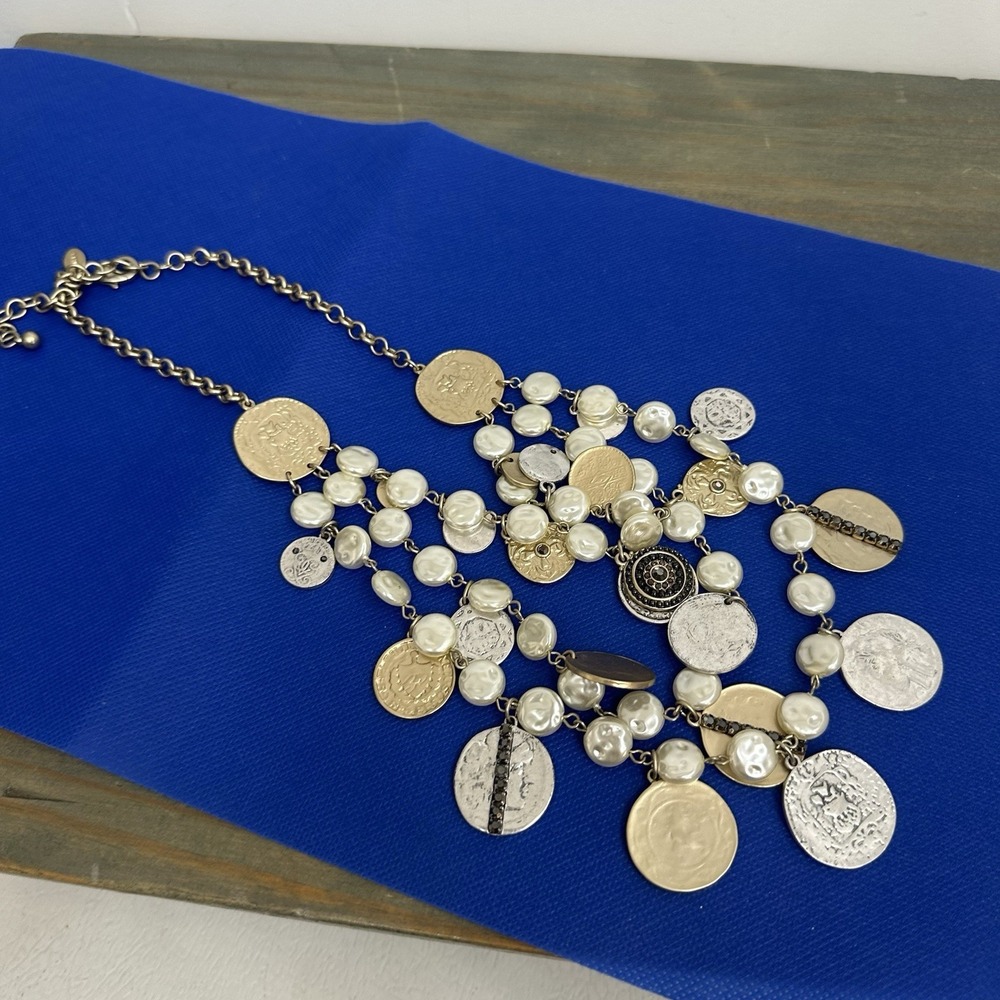 Vintage Set Necklace & Earrings Chico's Silver Gold Pearls Coin Charms 3 Strand - Picture 11 of 15
